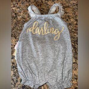 Mud Pie Gray Baby 6-9m ruffle butt Romper with Darling Gold Print